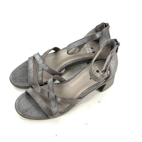 Eileen Fisher Jazzy Heel Sandals 6 NEW Gray Silver Leather Block Ankle Comfort - Picture 4 of 5